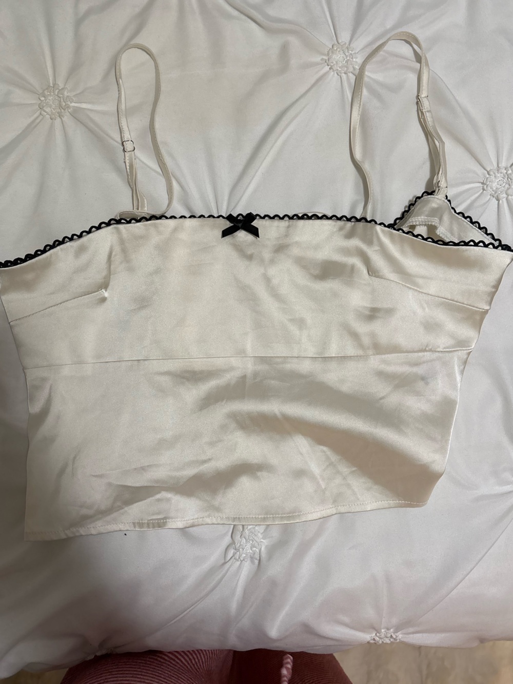 White Fox Boutique Ivory Satin Tank Top with Black Trim